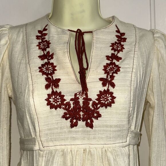Vintage 70s Trolley Car Brand Boho Cream Maxi Dress with Red Floral Embroidery - Picture 2 of 11